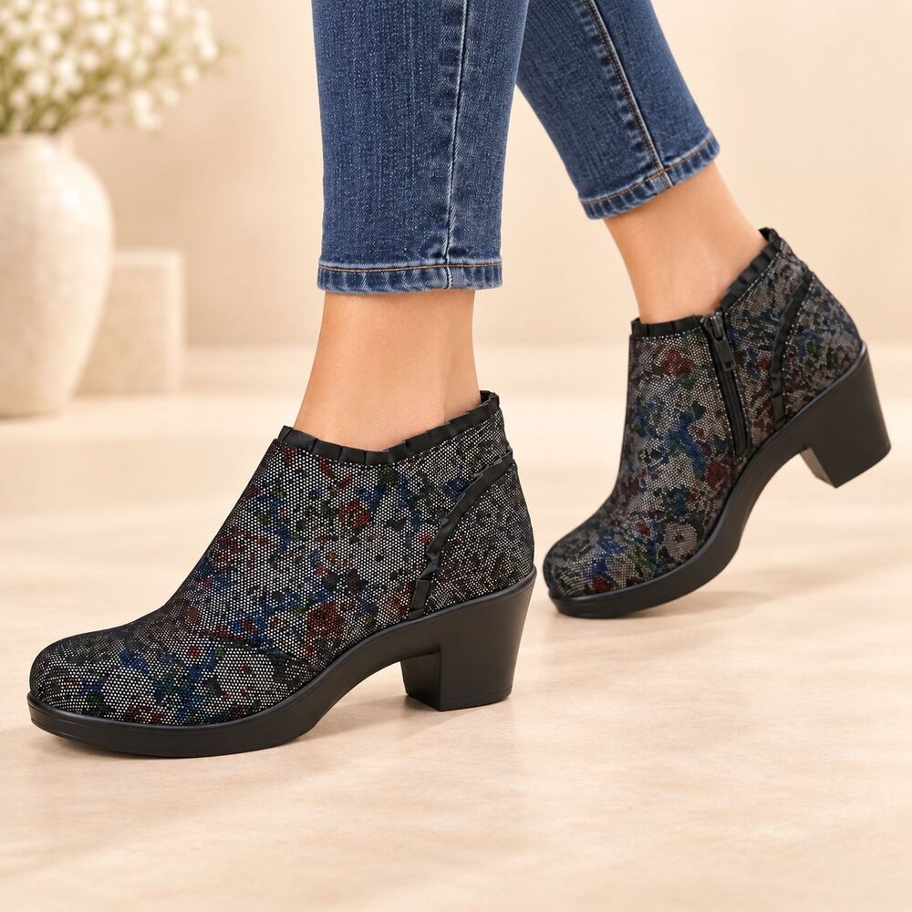 Alegria Hannah Ankle Boots Women 39 US 9 Multi Dot Floral Leather Ruffle Zip